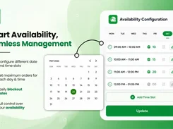 Promotional graphic for availability configuration showing a May 2026 calendar and a Saturday list of delivery time slots with order-capacity values, edit controls, an Add Time Slot button, and an Update button.
