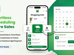Promotional graphic showing a mobile shopping-cart checkout with local delivery selected, delivery date and time fields, a May 2026 calendar, and available pickup delivery-time options.