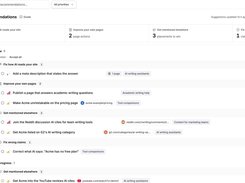 Recommendations page grouping suggested actions to improve pages, gain mentions, correct claims, and adjust AI site access.