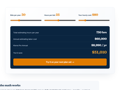ROI calculator: estimator time and cost per bid compared with Klorra