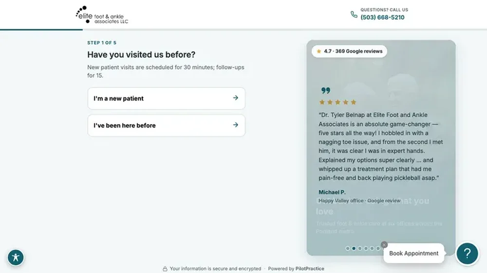 Elite Foot & Ankle Associates booking screen asking whether the visitor is a new or returning patient, with a review panel and Book Appointment button.