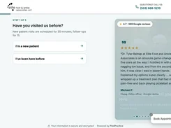 Elite Foot & Ankle Associates booking screen asking whether the visitor is a new or returning patient, with a review panel and Book Appointment button.