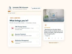 Scottsdale TMS & Spravato booking screen asking what brings the visitor in, with selectable care types, a testimonial, and a small office image.