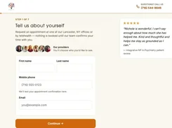Appointment-request intake form with fields for first name, last name, mobile phone, and email, plus small provider avatars and a patient review.