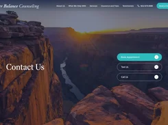 Inner Balance Counseling contact page over a canyon landscape, with buttons to book an appointment, text, or call.