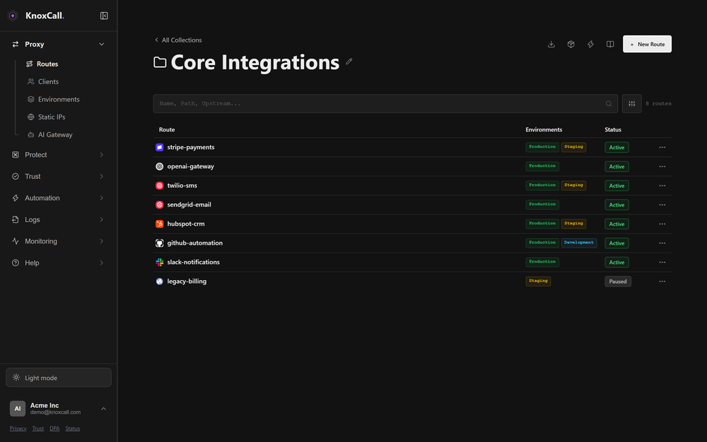  Each Route is your rule for one third-party API, such as Stripe, OpenAI or Twilio. Group Routes into collections and see at a glance which environments each one serves and whether it is active.