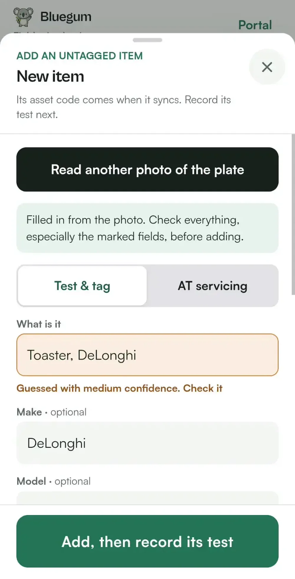 Mobile form for adding an untagged item from a rating-plate photo, with AI-filled appliance and manufacturer fields.