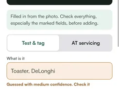 Mobile form for adding an untagged item from a rating-plate photo, with AI-filled appliance and manufacturer fields.