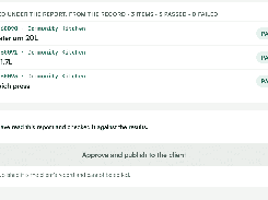 Report approval interface listing three passed kitchen appliances and an “Approve and publish to the client” button.
