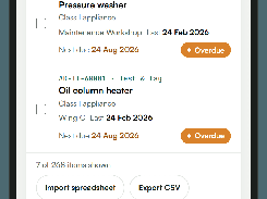 Mobile app equipment register listing overdue fan heater, pressure washer, and oil column heater records.