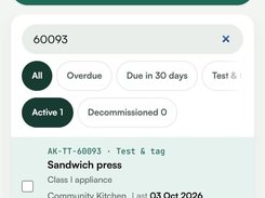 Mobile equipment register filtered to a sandwich press record, with status filters, import and export controls, and bottom navigation.