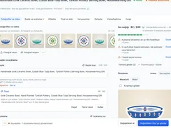 KolayXport listing editor for a handmade ceramic bowl, with photo thumbnails, title-editing fields, listing-quality checks, and an Etsy preview.