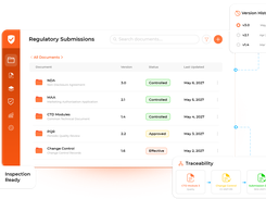 KOSA Regulatory Submissions interface listing documents, versions, controlled or approved statuses, dates, version history, and traceability cards.