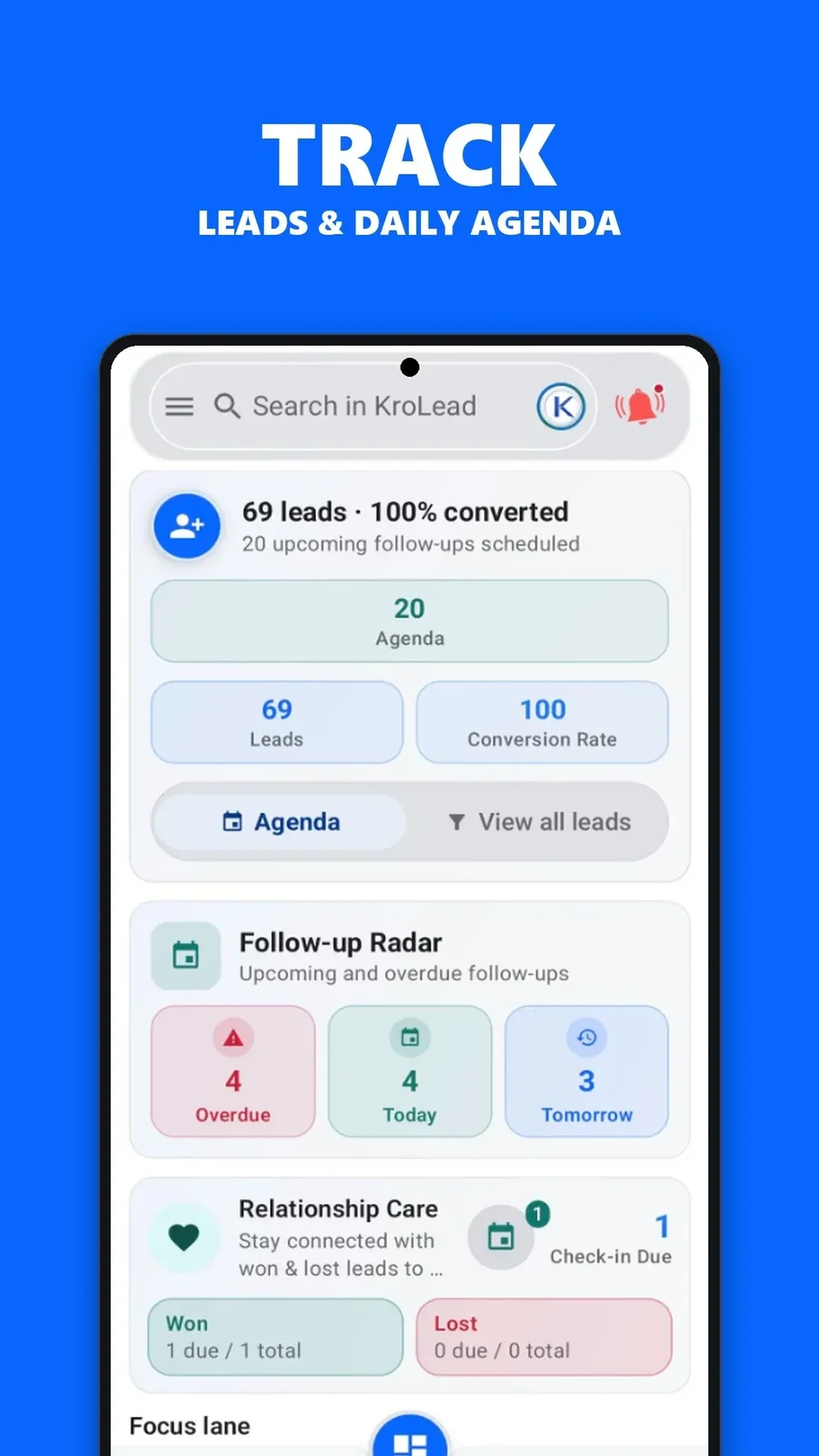 KroLead mobile dashboard showing lead totals, agenda, follow-up radar, and relationship care.