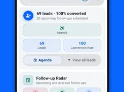 KroLead mobile dashboard showing lead totals, agenda, follow-up radar, and relationship care.