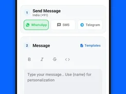 KroLead bulk-message composer with WhatsApp, SMS, Telegram, templates, and personalization fields.