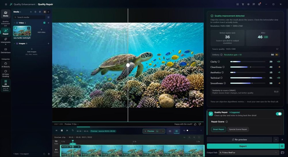 KwaFlux's dark Quality Enhancement and Quality Repair workspace displays a split underwater turtle video preview, media panel, timeline, quality metrics, repair controls, and Export button.