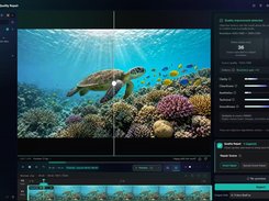 KwaFlux's dark Quality Enhancement and Quality Repair workspace displays a split underwater turtle video preview, media panel, timeline, quality metrics, repair controls, and Export button.