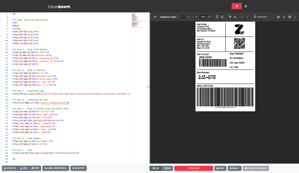ZPL editor with syntax highlighting and IntelliSense