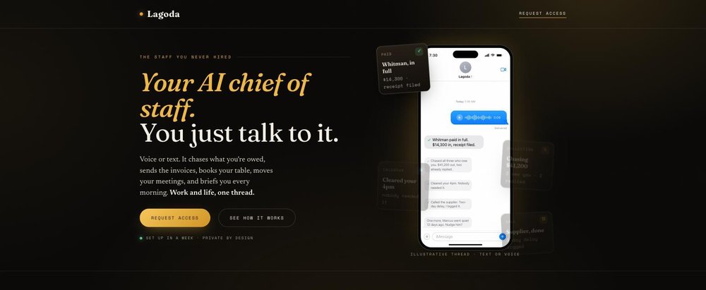 The homepage at lagoda.ai. Lagoda runs in one Telegram thread, voice or text. The thread shown is illustrative.