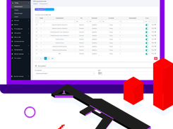 LASERWAR CRM equipment-management page showing a filtered inventory table, status switches, and settings, with illustrated laser-tag equipment below.