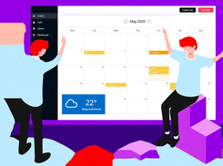English LASERWAR CRM calendar for May 2020 with order statuses and a weather panel, framed by two illustrated figures.
