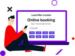 English online booking screen for LaserWar London showing 25 August 2026 and eight available time buttons, beside an illustrated phone user.