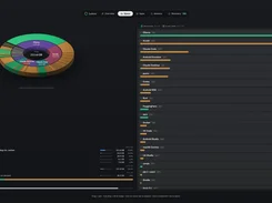 Latent’s dark Space view shows a circular disk-usage visualization, a categorized storage breakdown, and a list of large applications and tools with reclaimable-space bars.