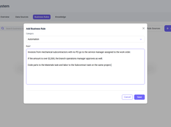 The Business Rules screen, where finance teams write approval chains and coding rules in plain English with no IT ticket. The example rule sends invoices from mechanical subcontractors with no PO to the service manager on the work order.