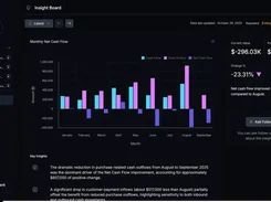 LayerNext Insight Board dashboard showing a monthly net cash flow bar chart, summary metrics, key insights, and navigation sidebar.