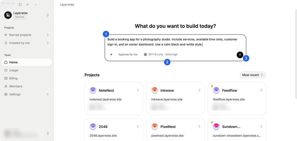 Layerwise home dashboard with an AI app-building prompt, model selection, and a grid of project cards.