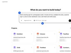 Layerwise home dashboard with an AI app-building prompt, model selection, and a grid of project cards.