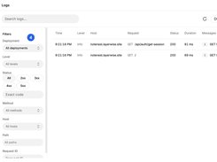 Layerwise Logs page for the NoteNest project with filters and successful HTTP request entries.