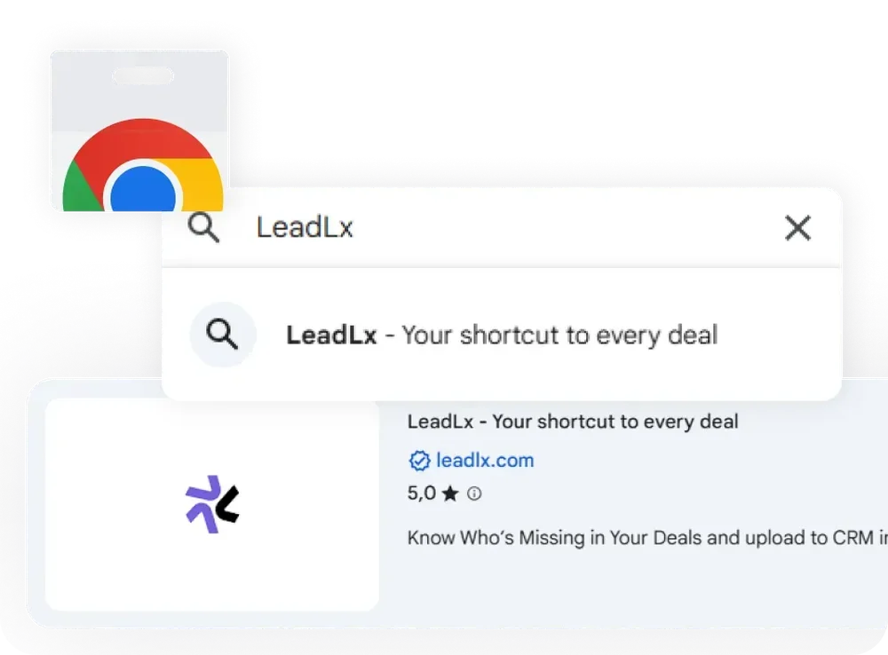 Chrome-style search interface showing a LeadLx result titled “LeadLx - Your shortcut to every deal,” with leadlx.com and a LeadLx icon.