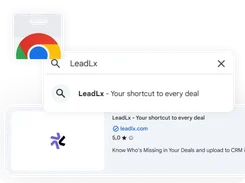 Chrome-style search interface showing a LeadLx result titled “LeadLx - Your shortcut to every deal,” with leadlx.com and a LeadLx icon.