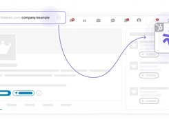 Illustrated LinkedIn company page with an arrow leading to a LeadLx-branded extension icon and cursor.