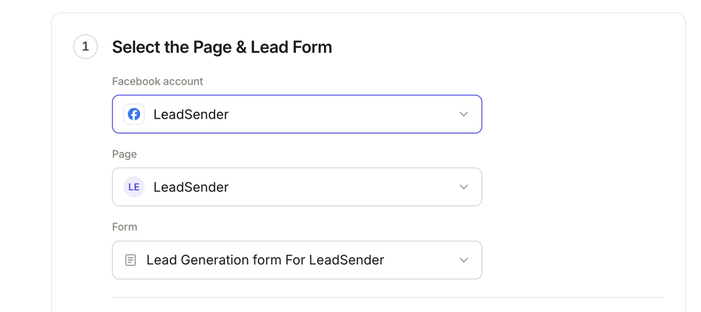 LeadSender setup screen titled “Select the Page & Lead Form,” with dropdowns for a Facebook account, page, and lead-generation form.