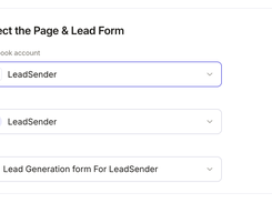 LeadSender setup screen titled “Select the Page & Lead Form,” with dropdowns for a Facebook account, page, and lead-generation form.