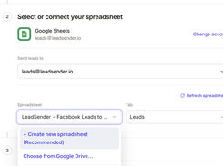 LeadSender workflow screen for selecting or connecting a Google Sheets spreadsheet, with spreadsheet and tab dropdowns.