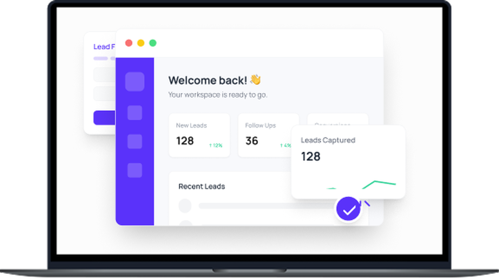 Laptop mockup displaying a LeadSmart-style dashboard with welcome text, lead metrics, and a leads-captured chart card.