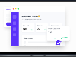 Laptop mockup displaying a LeadSmart-style dashboard with welcome text, lead metrics, and a leads-captured chart card.