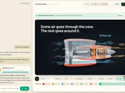 Leap video-preview editor showing a labeled turbofan bypass-air scene and timeline.