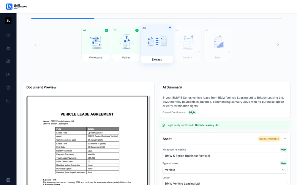 From lease PDF to review-ready schedules and journal entries.