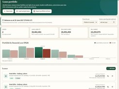Leasevana lease portfolio dashboard showing balance summary cards, a financial-year bar chart, and two lease entries.