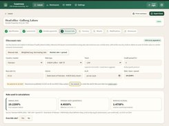 Leasevana discount-rate configuration screen with market rate and spread inputs, Pakistan KIBOR source data, and calculated annual and periodic rates.
