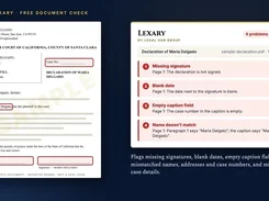Lexary document-check interface beside a sample California court declaration, listing four detected issues: missing signature, blank date, empty caption field, and a name mismatch.