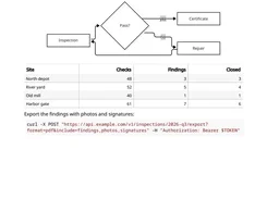 Rendered “Site inspection summary” page with narrative text, an inspection decision flowchart, a site table, and an API command.