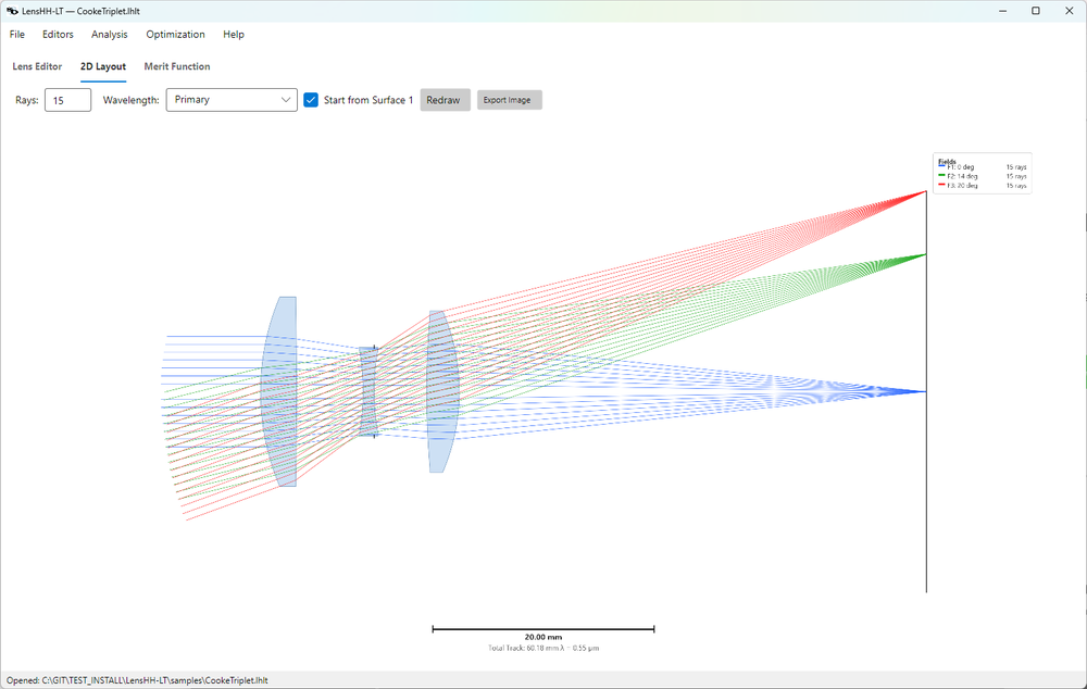 Ray trace through a Cooke triplet, three field angles