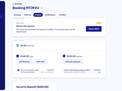 The finance tab of a booking: costs, payments and the next step, such as returning a security deposit