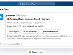 Slack alert from LevelFour highlighting unexpected Amazon Elastic Compute Cloud spend.